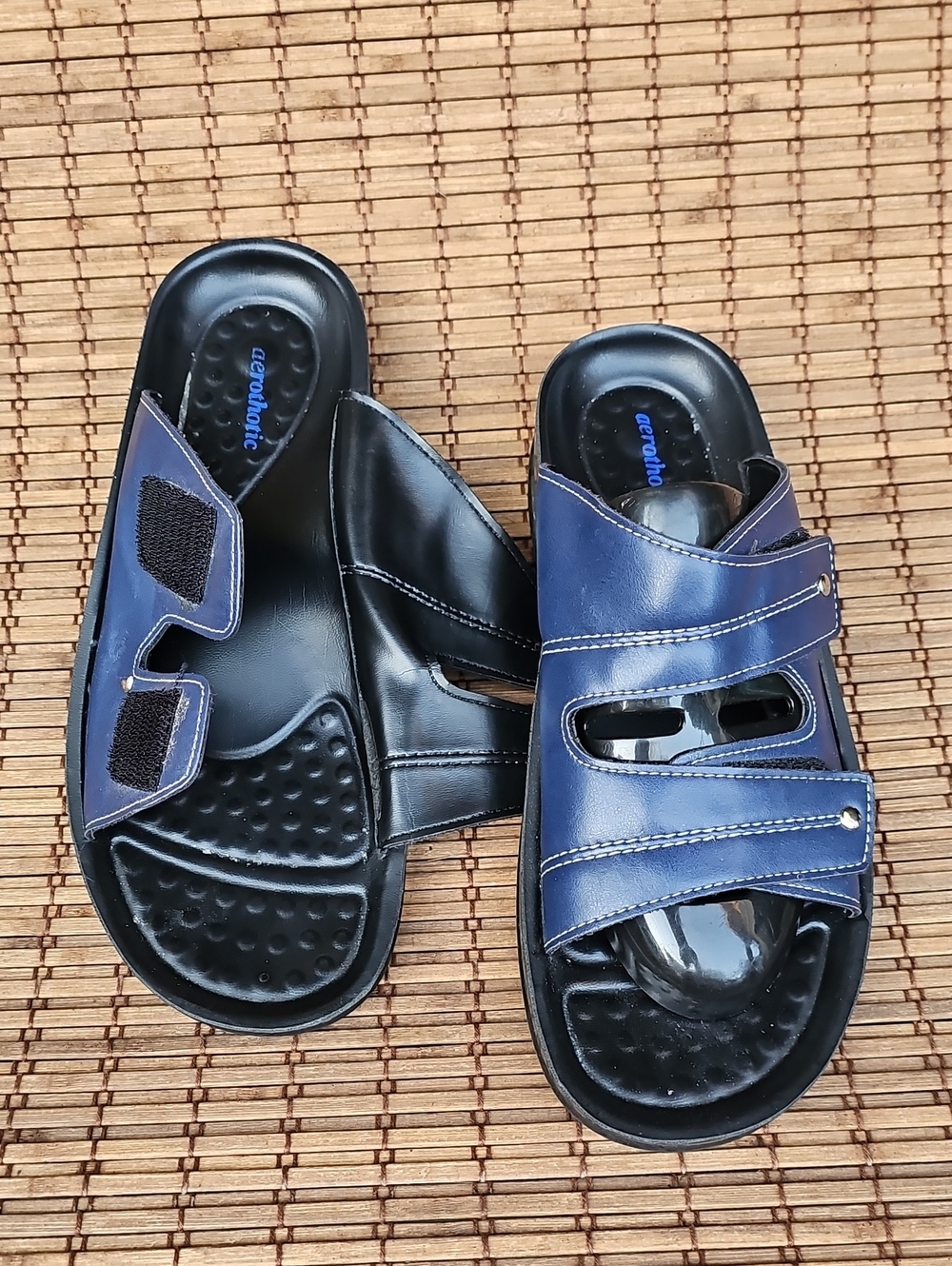 Double Strap Navy Blue Slide Sandals Cushioned Massage Footbed Lightweight AJ